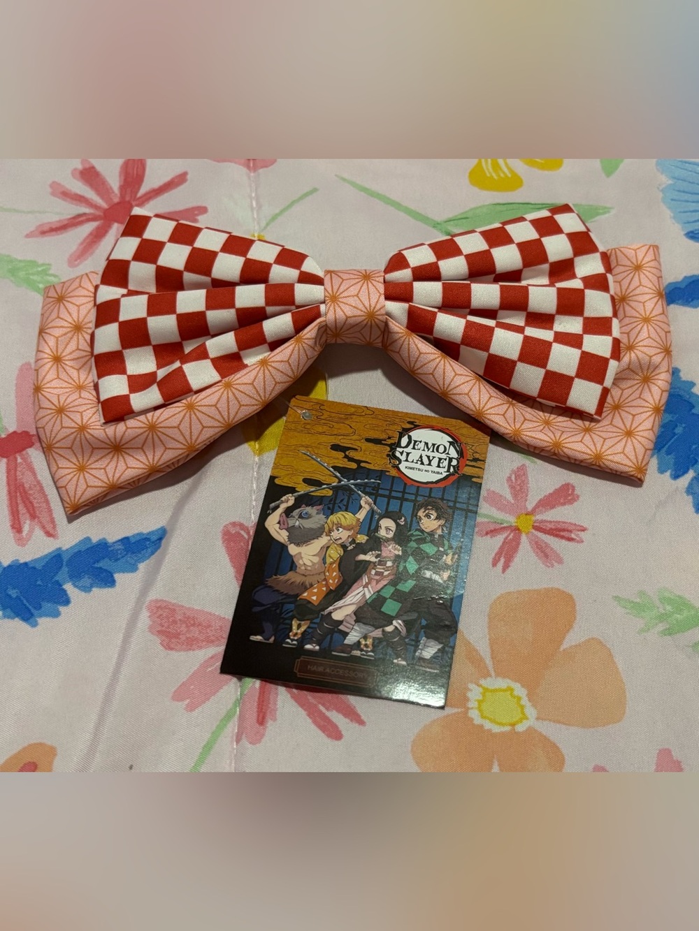 Demon Slayer Inspired Kids Hair Bow - Pink & Red Checker